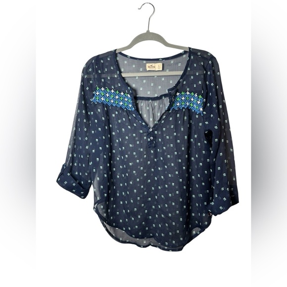 Hollister Navy Blue Embroidered Sheer Blouse - Size Large - Picture 1 of 4